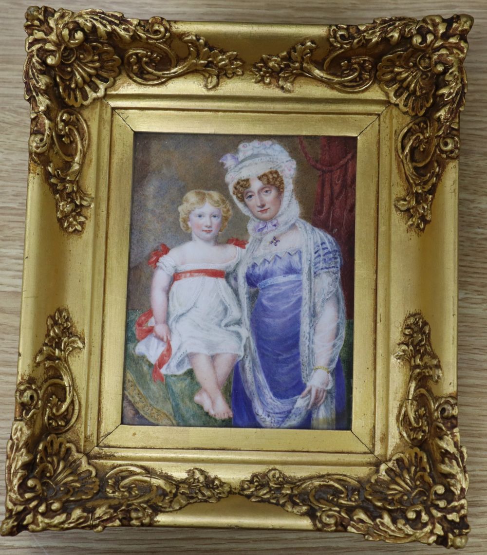 Victorian School, watercolour on ivory, miniature portrait of Mary, daughter of Rev. Richard Bullock of Streatham and her son, circa 18